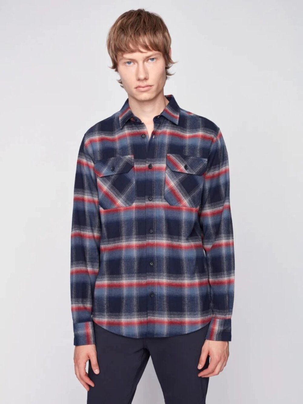 Projek Raw Slate Blue Brushed Flannel Plaid Long Sleeve Plaid Shirt/